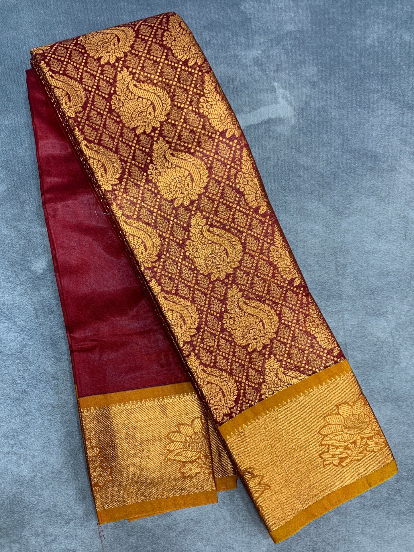 Vegan Silk Saree Maroon Colour with Copper and Golden Border