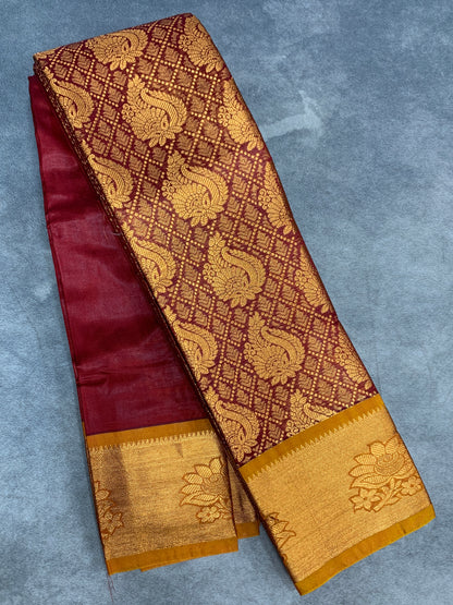 Vegan Silk Saree Maroon Colour with Copper and Golden Border
