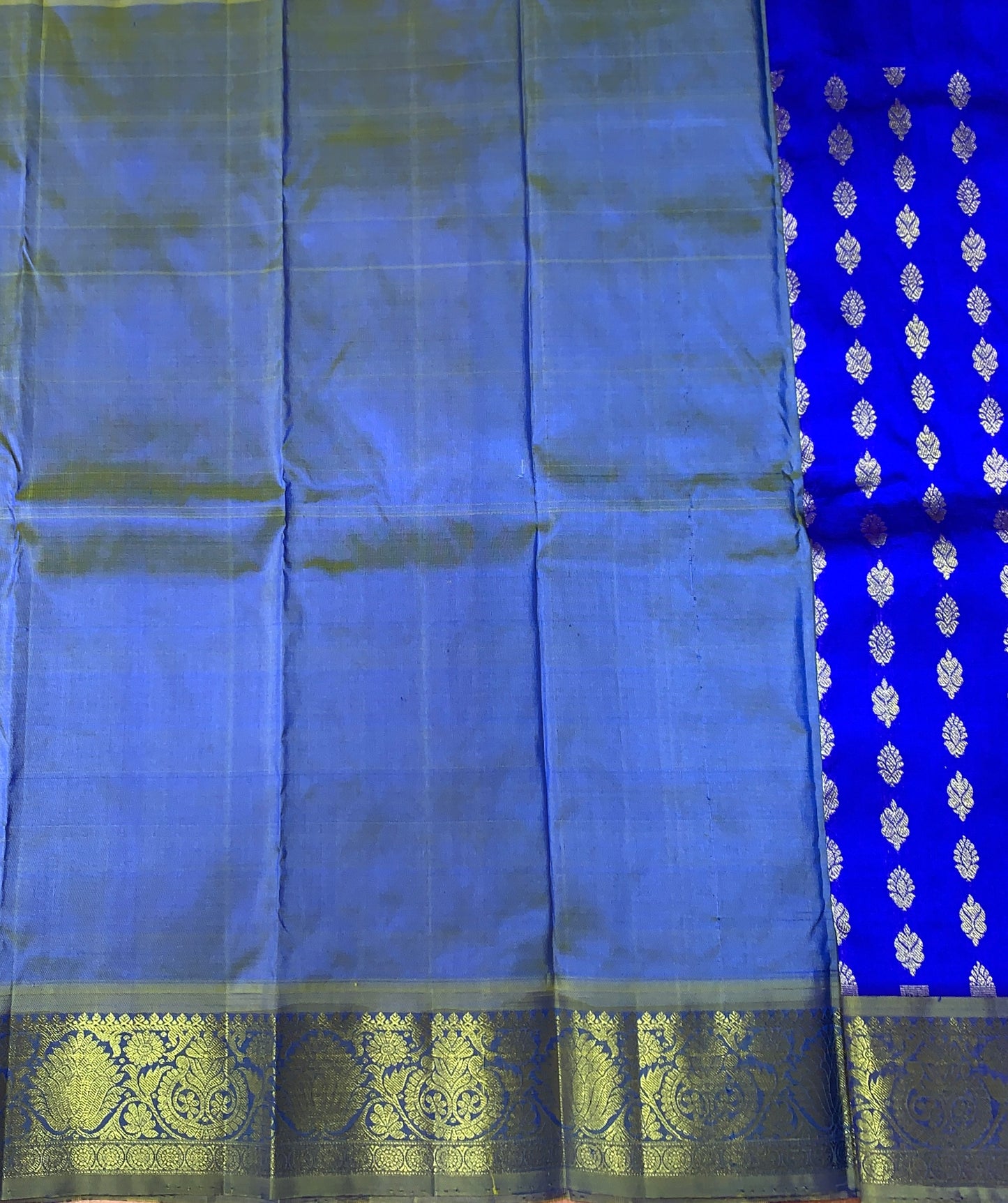 Blue Shade Pure kanchipuram Kids Pattu Pavadai with Contrast Border for Newborn to 2 Years