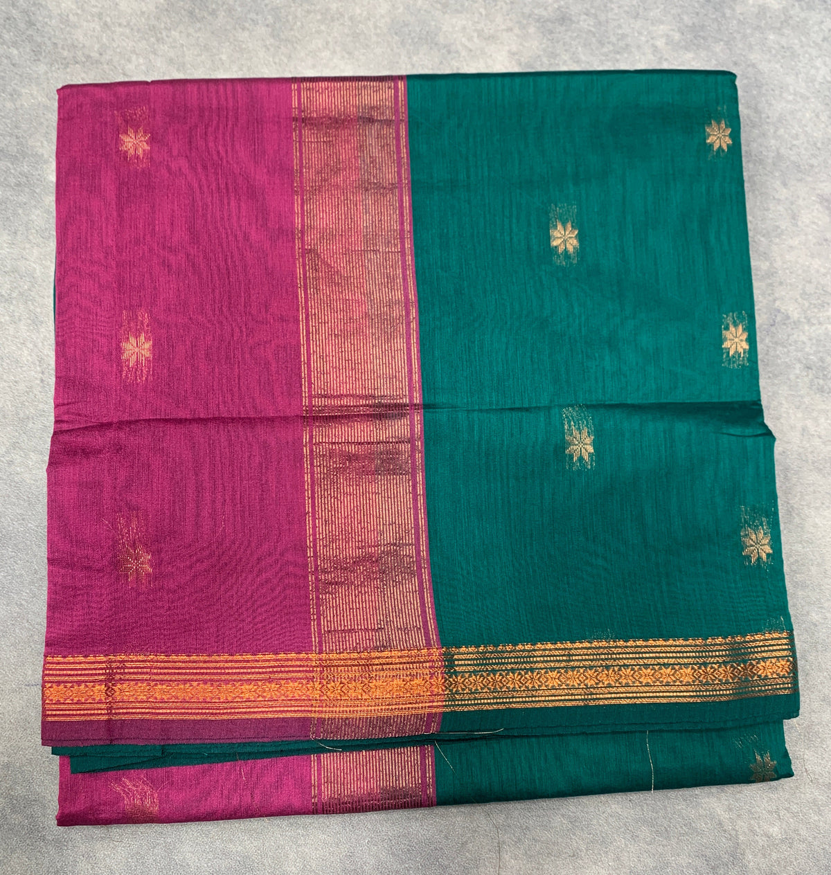 Rama Green Colour Silk Cotton Saree with Copper Zari Border