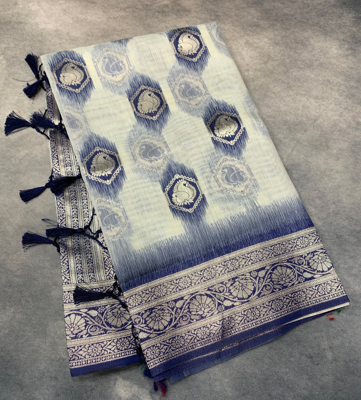 Banaras Katan Saree Off White Colour with Blue Katan Work Border