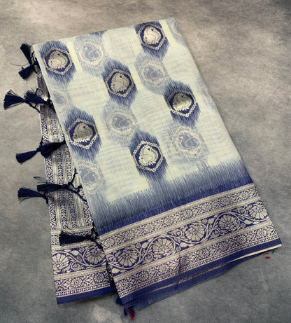 Banaras Katan Saree Off White Colour with Blue Katan Work Border