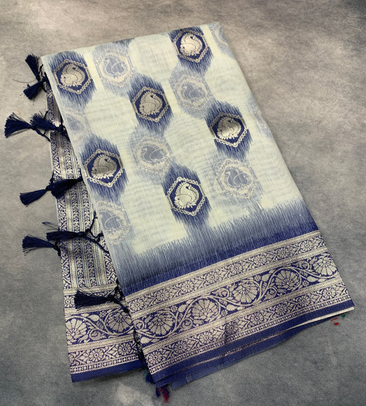 Banaras Katan Saree Off White Colour with Blue Katan Work Border