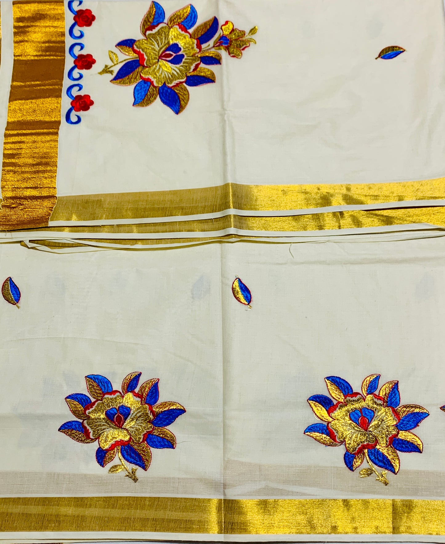 Kerala Cotton Saree Cream Colour with Floral Work Design