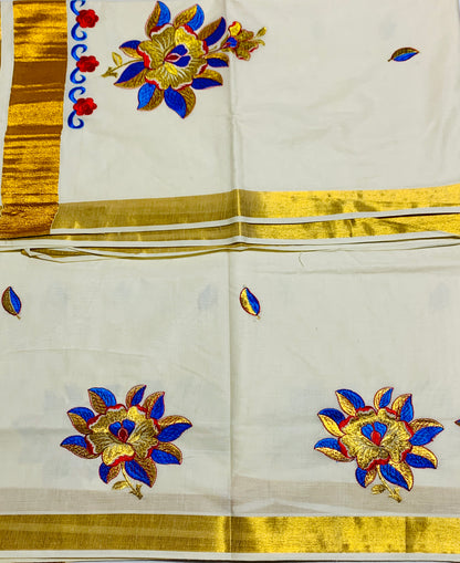 Kerala Cotton Saree Cream Colour with Floral Work Design