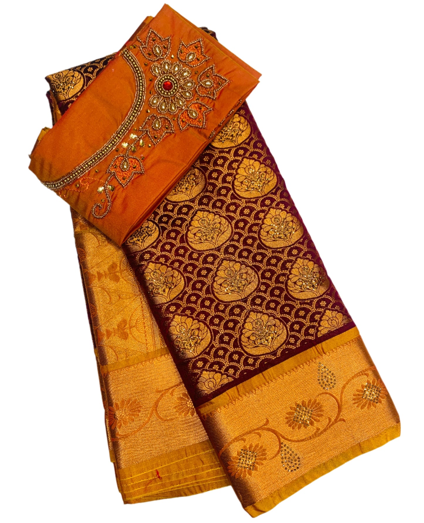 Bridal Vegan Silk Saree Brown shade with Mustard Border with Unstitched blouse in Aari work