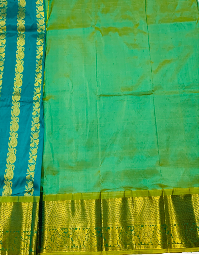 Green shad Pure Kanchipuram Kids Pattu Pavadai with Contrast border for age 5 to 10