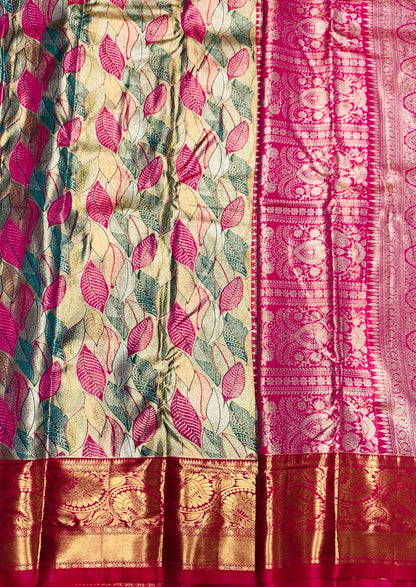 Green & Pink Leaf Soft Kanchi Tissue Pattu Saree with Pink border