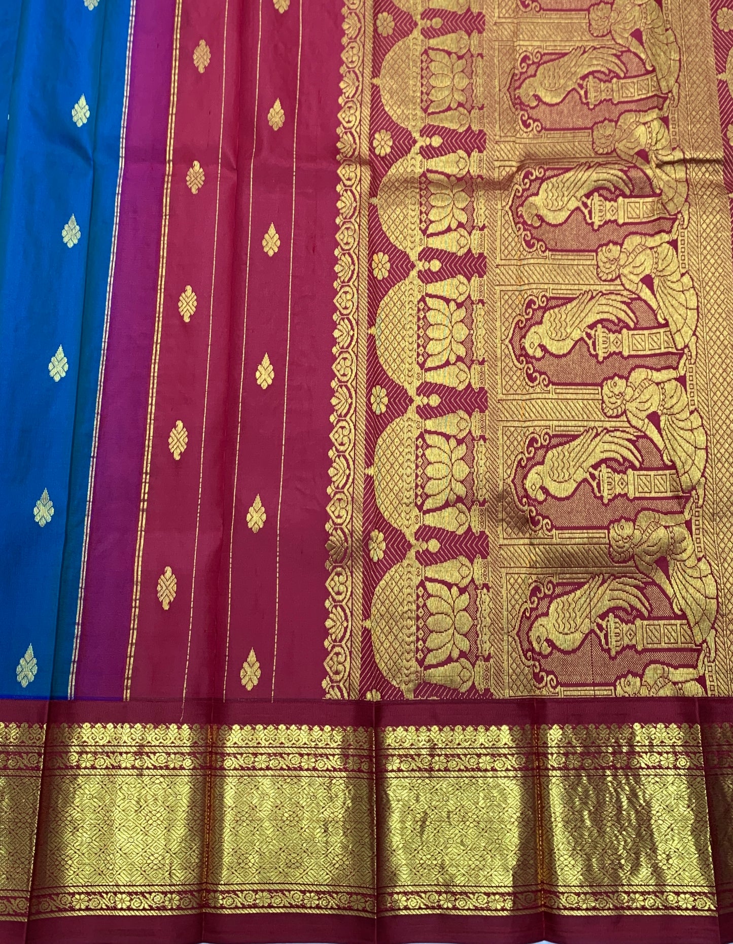 Pure Kanchipuram Silk Saree Blue Colour with Maroon and Gold Zari Border