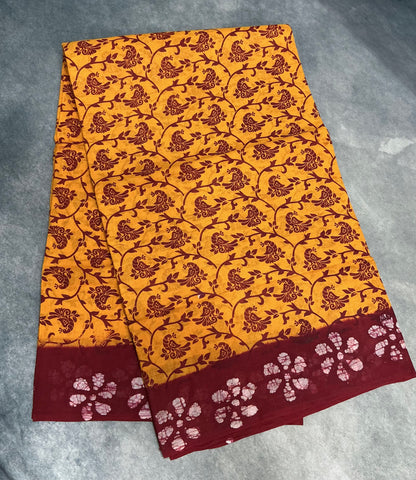 Chettinad Sungudi Cotton Mustard Yellow Colour with Maroon Colour Border