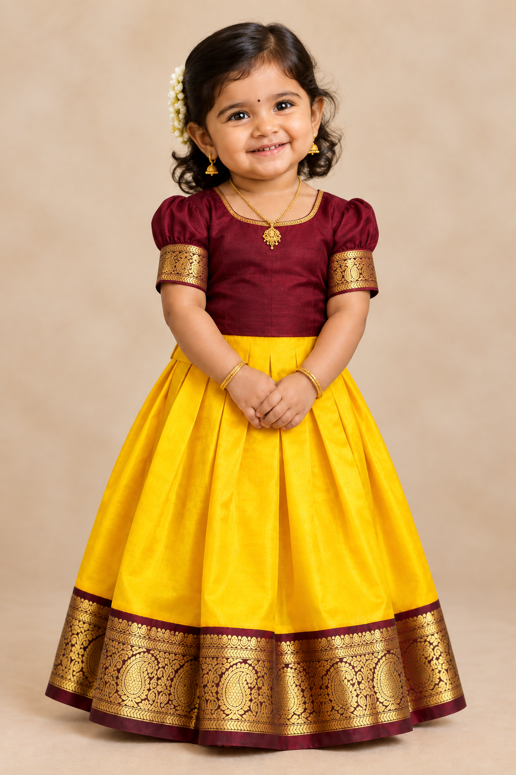 Mango Yellow Shade Pure Kanchipuram Kids Pattu Pavadai with Contrast Border for Newborn to 2 Years