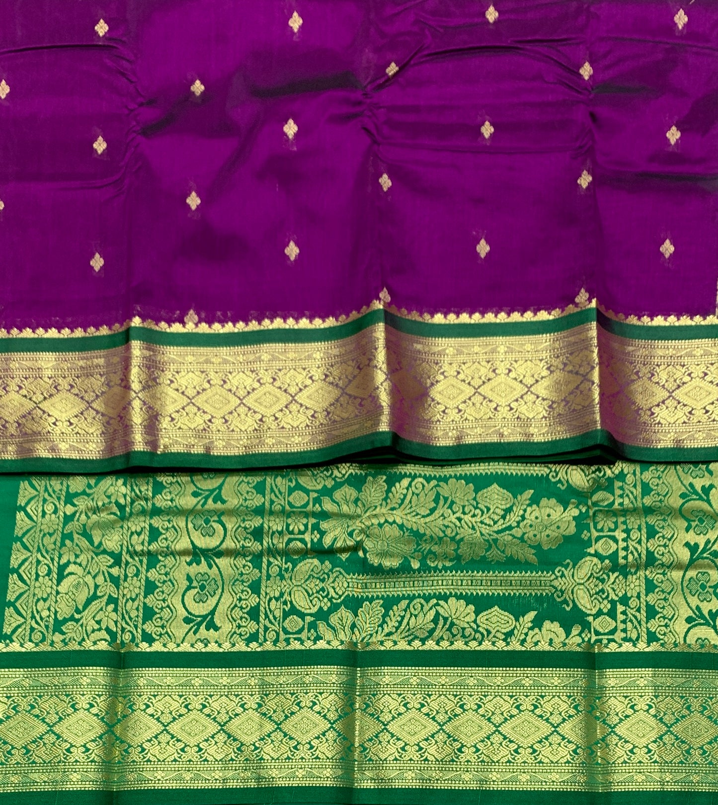 Magenta Colour Saree with Golden and Green Border