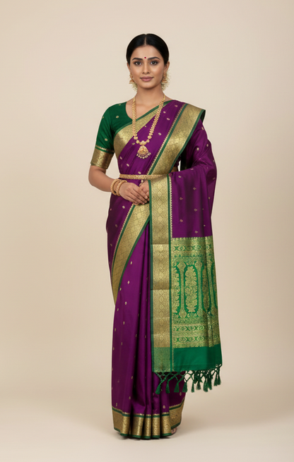 Magenta Colour Saree with Golden and Green Border