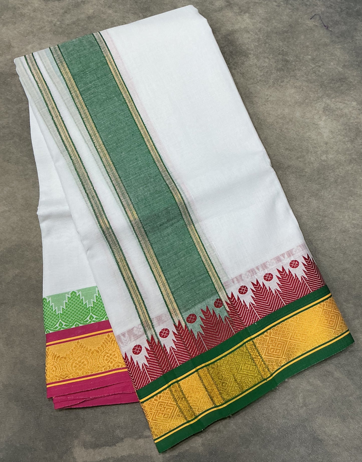 9X5 Cotton Dhoti White Colour with Green and Yellow Border with Angavastram