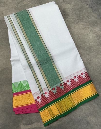 9X5 Cotton Dhoti White Colour with Green and Yellow Border with Angavastram