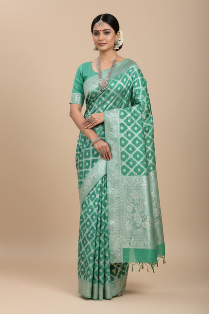Banaras Katan Saree Light Green Colour with Katan Work Border