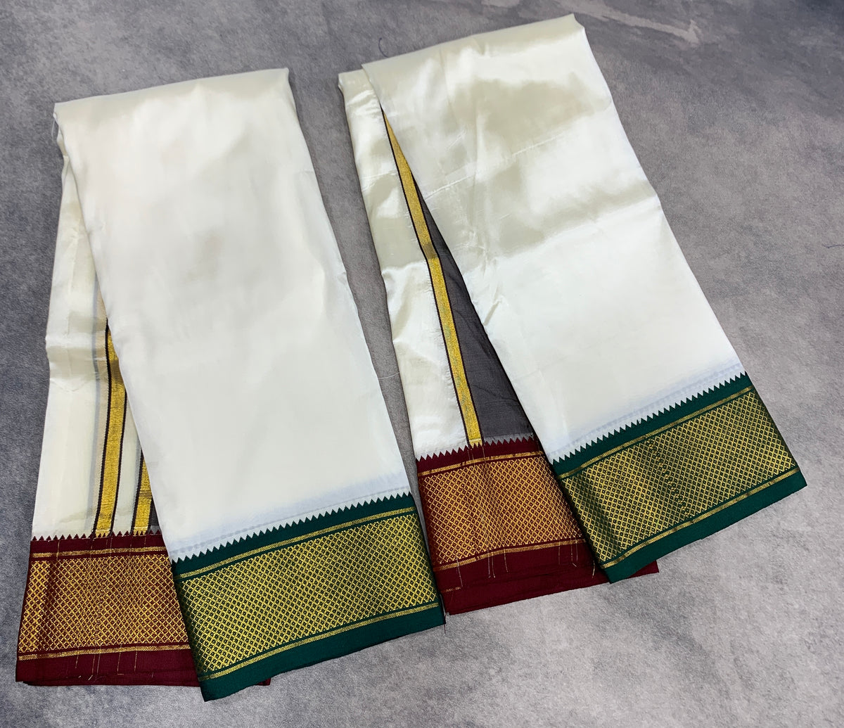 Art Silk Dhoti 8X4 Cream with Large Ganga Jamuna(Green/ Maroon) Border