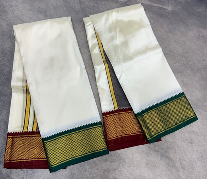 Art Silk Dhoti 8X4 Cream with Large Ganga Jamuna(Green/ Maroon) Border