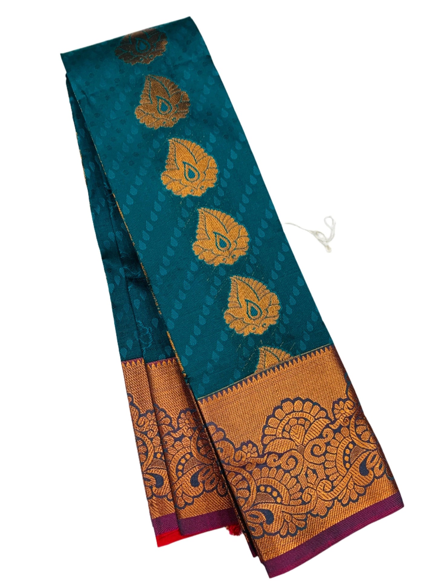 Vegan Silk Saree Peacock Green Colour with Copper Border