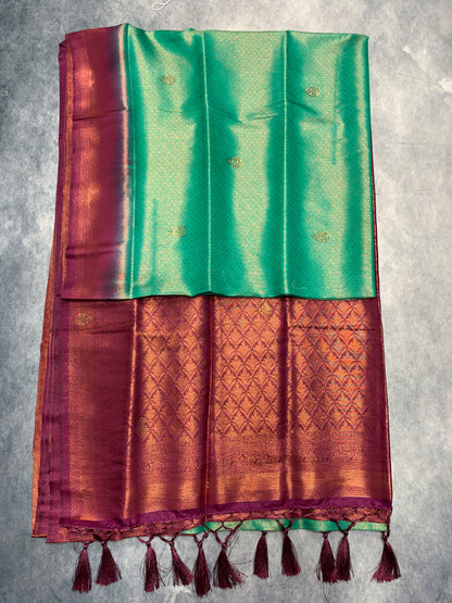 Soft Silk Saree Sapphire Colour and Stone Work with Beetroot Pink Colour Pallu