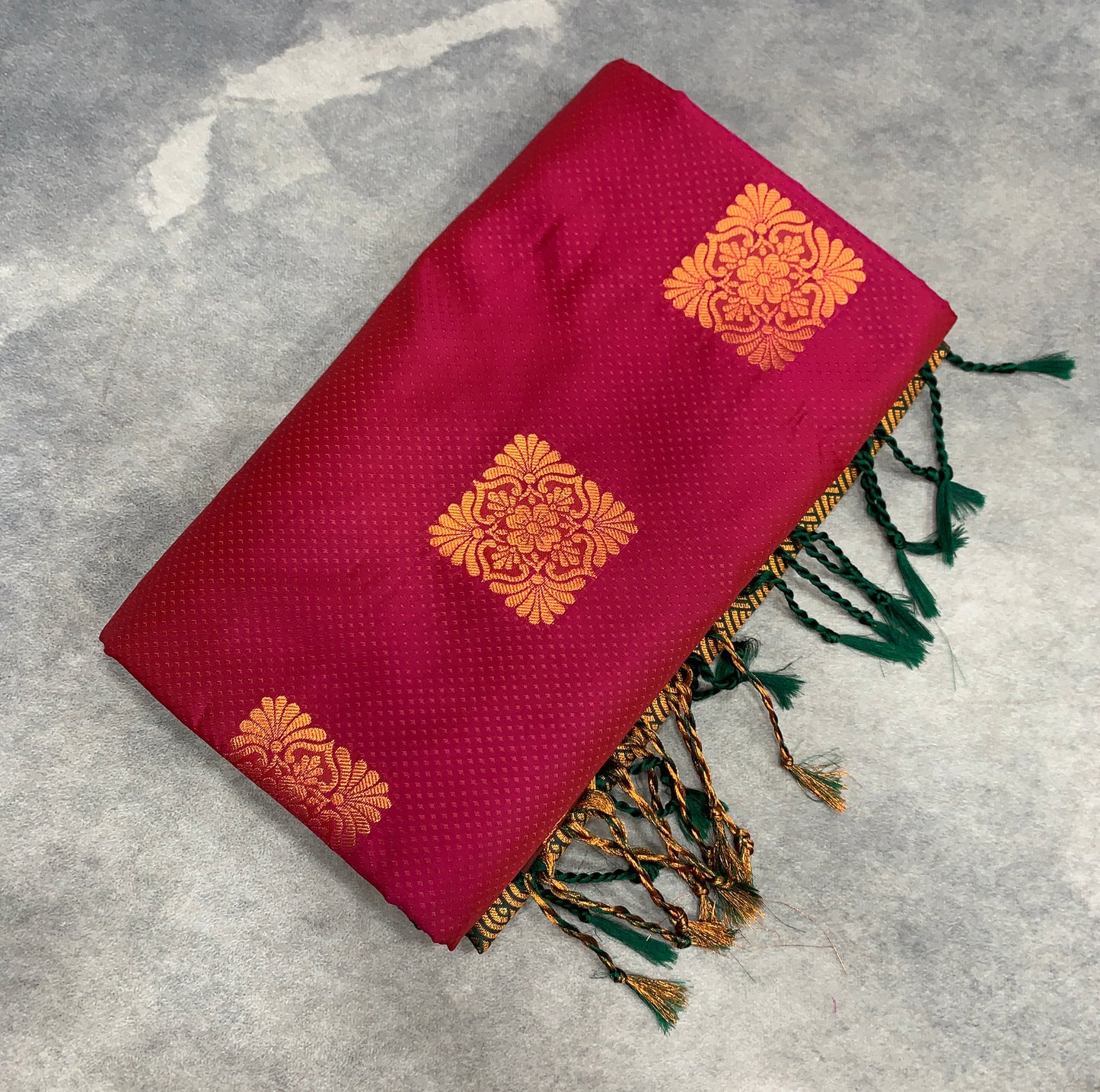 Soft Vegan Silk Saree Redish Pink Colour with Green and Copper Border