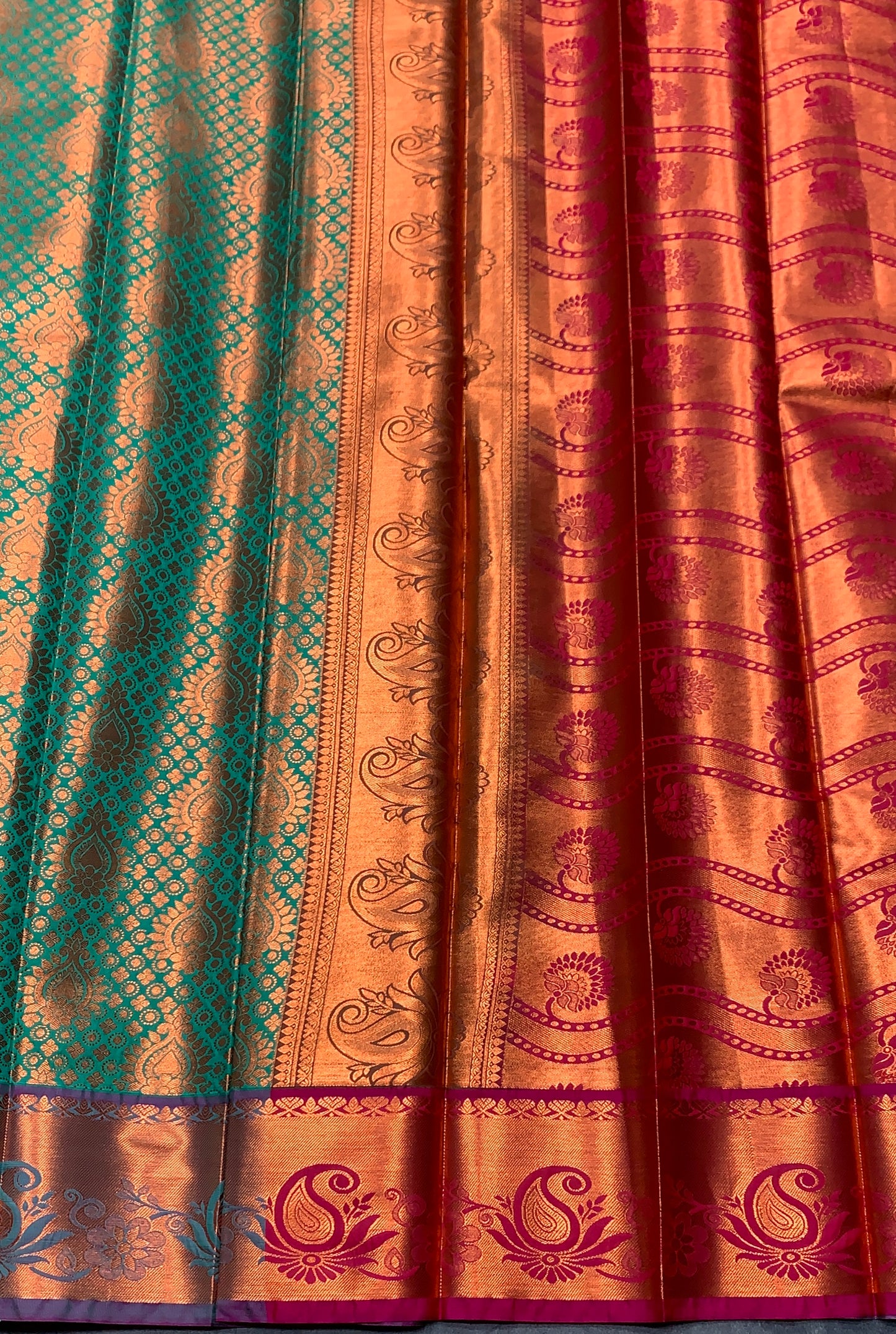 Vegan Silk Saree Light Green Colour with Pink and Copper Border