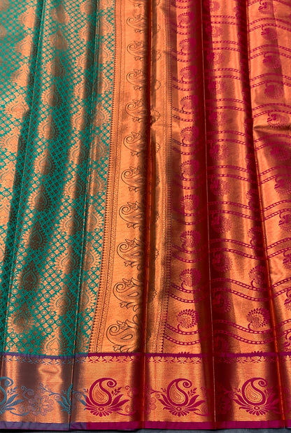 Vegan Silk Saree Light Green Colour with Pink and Copper Border