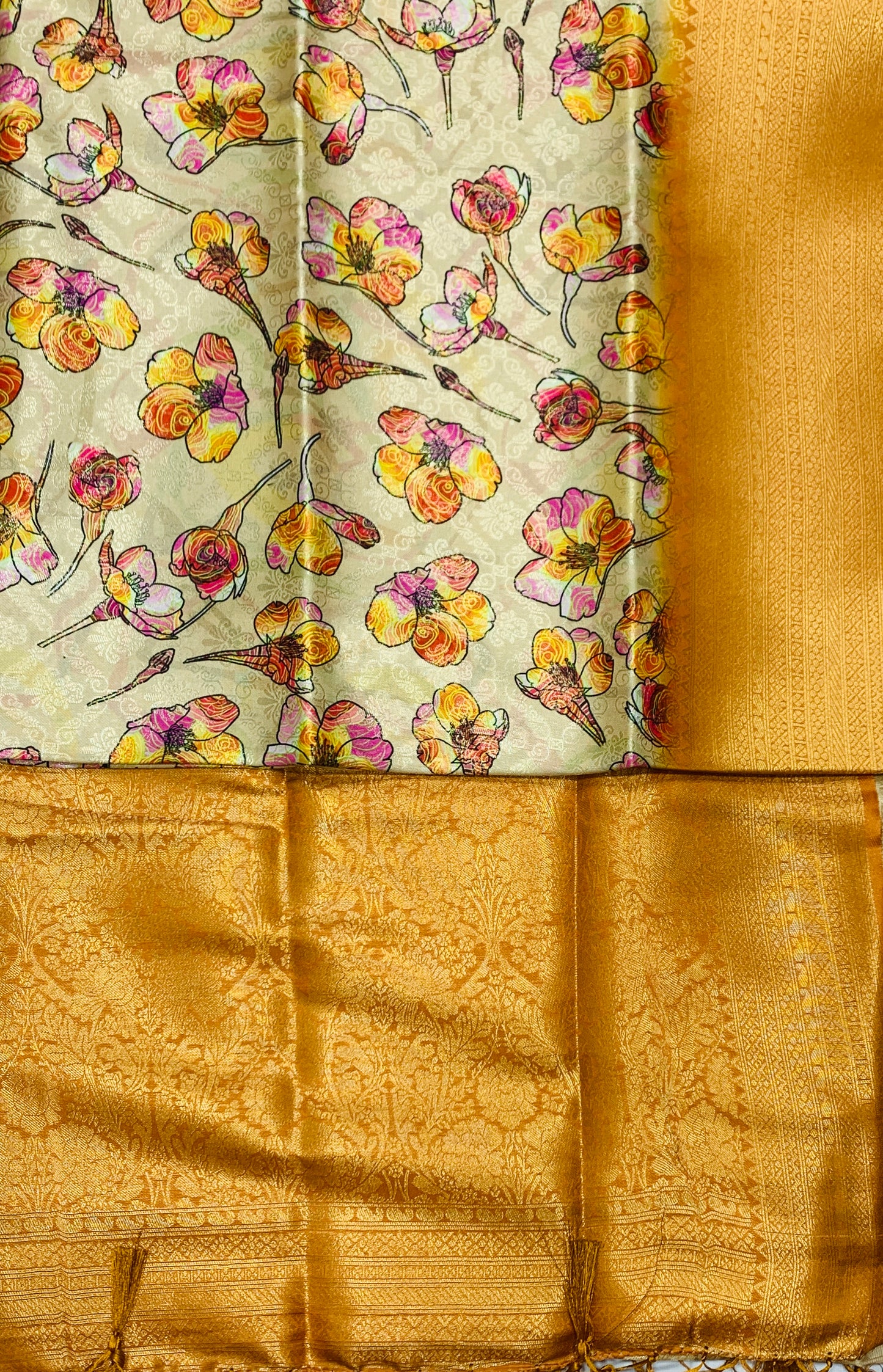 Digital Print Silk Saree Golden Yellow Colour with Floral Pattern