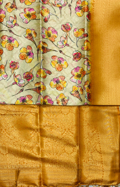 Digital Print Silk Saree Golden Yellow Colour with Floral Pattern