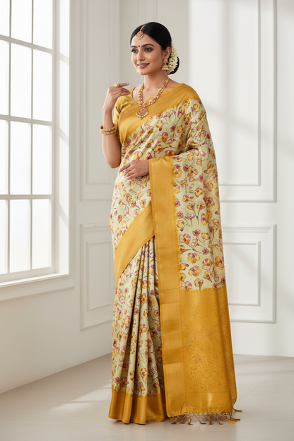 Digital Print Silk Saree Golden Yellow Colour with Floral Pattern
