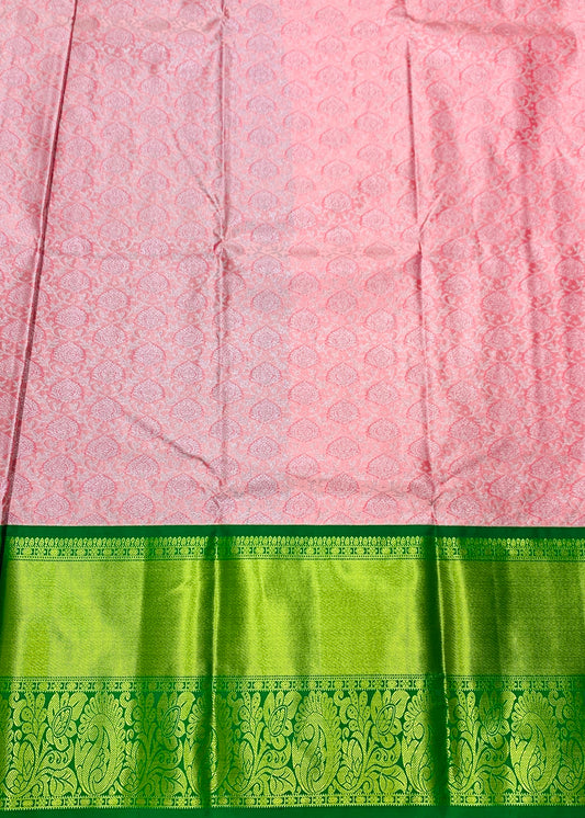 Baby Pink shade Vegan Silk Kids Pattu Pavadai with Contrast border for age above 10 years