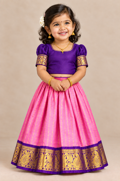 Lotus Pink Shade Pure Kanchipuram Kids Pattu Pavadai with Contrast Border for Newborn to 2 Years