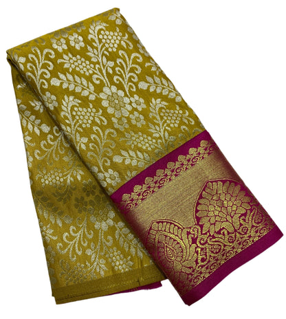 Mustard Shade Vegan Silk Kids Pattu Pavadai with Contrast Border for Newborn to 2 Years