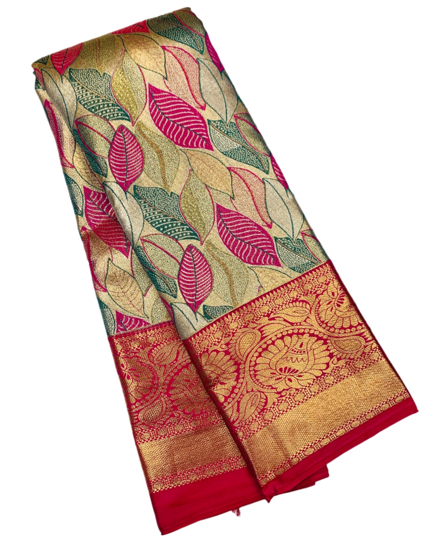 Peacock Blue & Pink Leaf Soft Kanchi Tissue Pattu Saree with Pink border