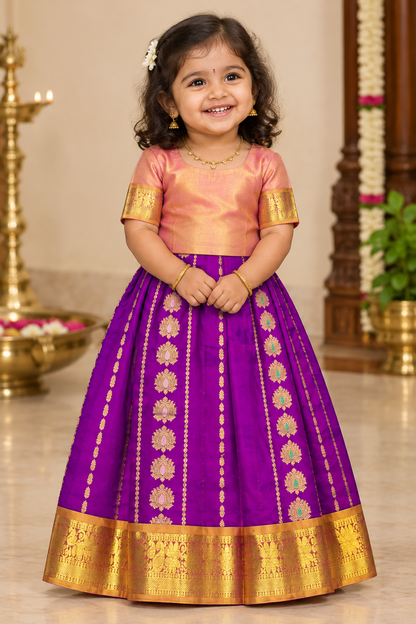 Purple Shade Semi Silk Kids Pattu Pavadai with Contrast border for Age 2 to 5 Years