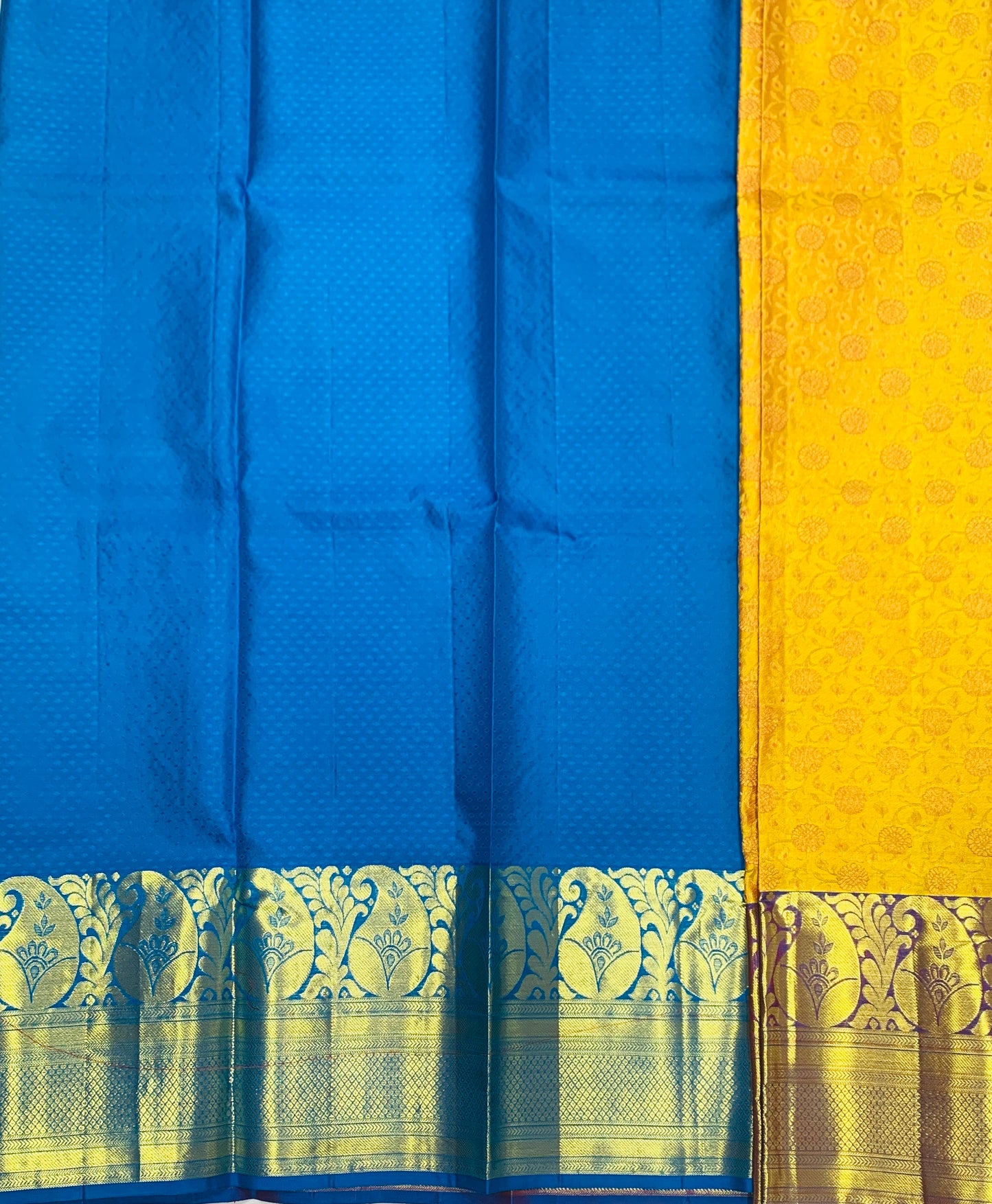 Yellow shade Pure Kanchipuram Kids Pattu Pavadai with contrast border for age 5 to 10