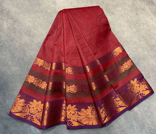 Synthetic Cotton Saree Dark Maroon Colour with Copper Floral Design Border