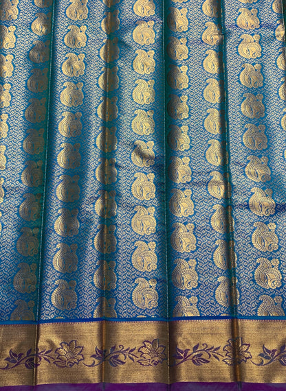 Vegan Silk Saree Rama Blue Colour with Copper and Magenta Border