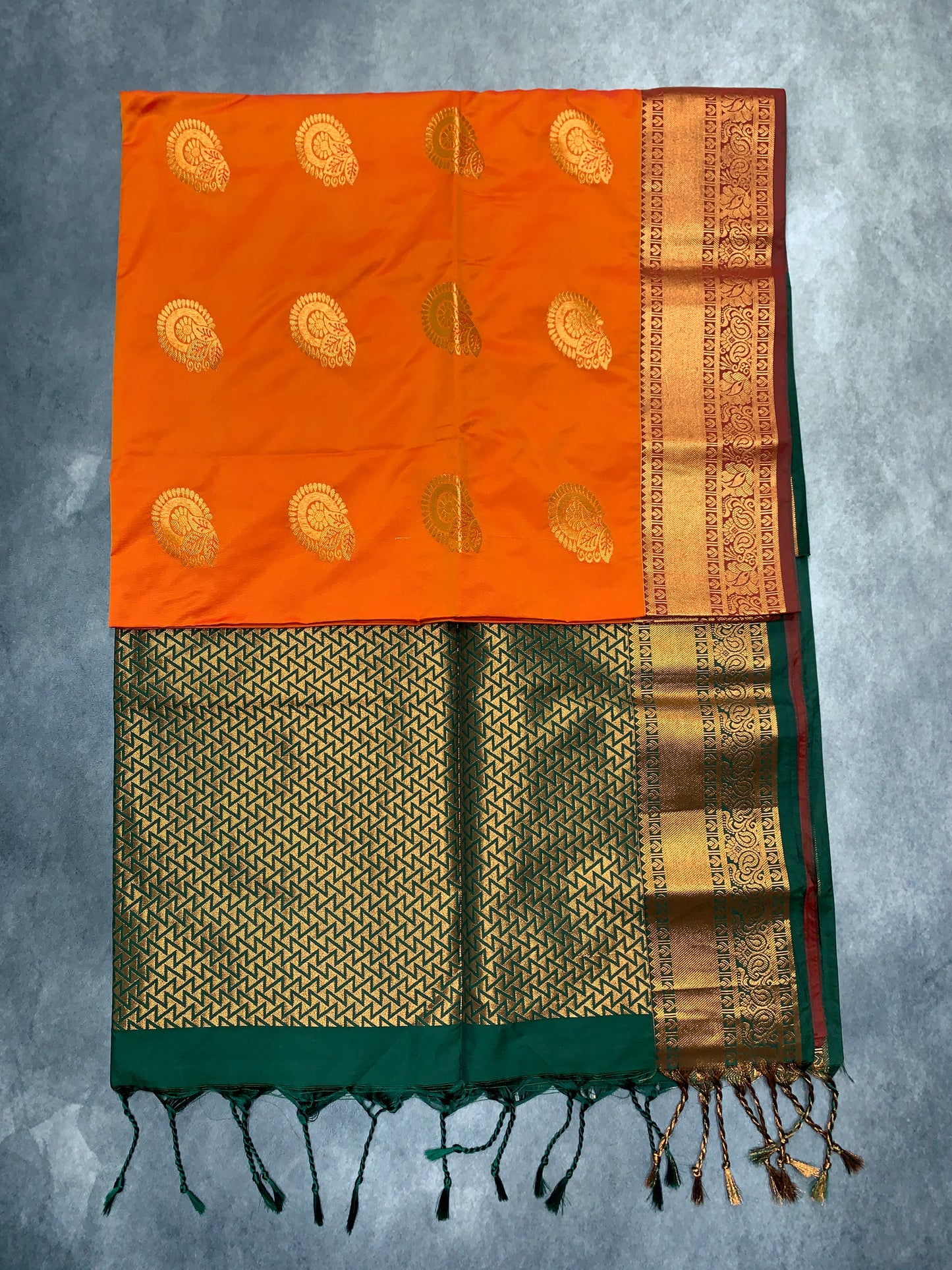 Soft Vegan Silk Saree Mango Yellow Colour with Green and Copper Border