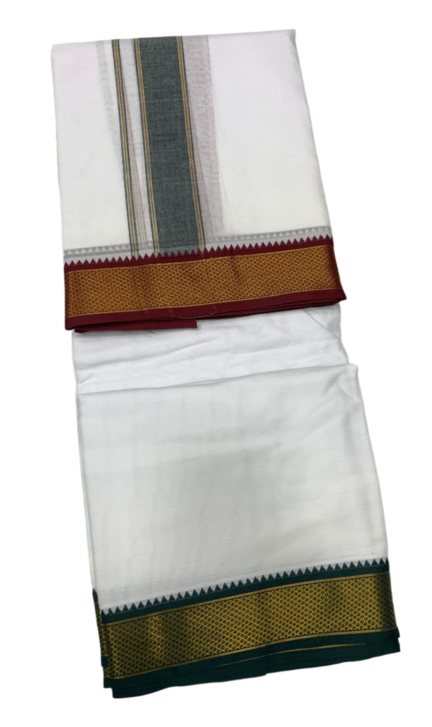 10X6 Cotton Dhoti White Colour with Maroon and Green Border