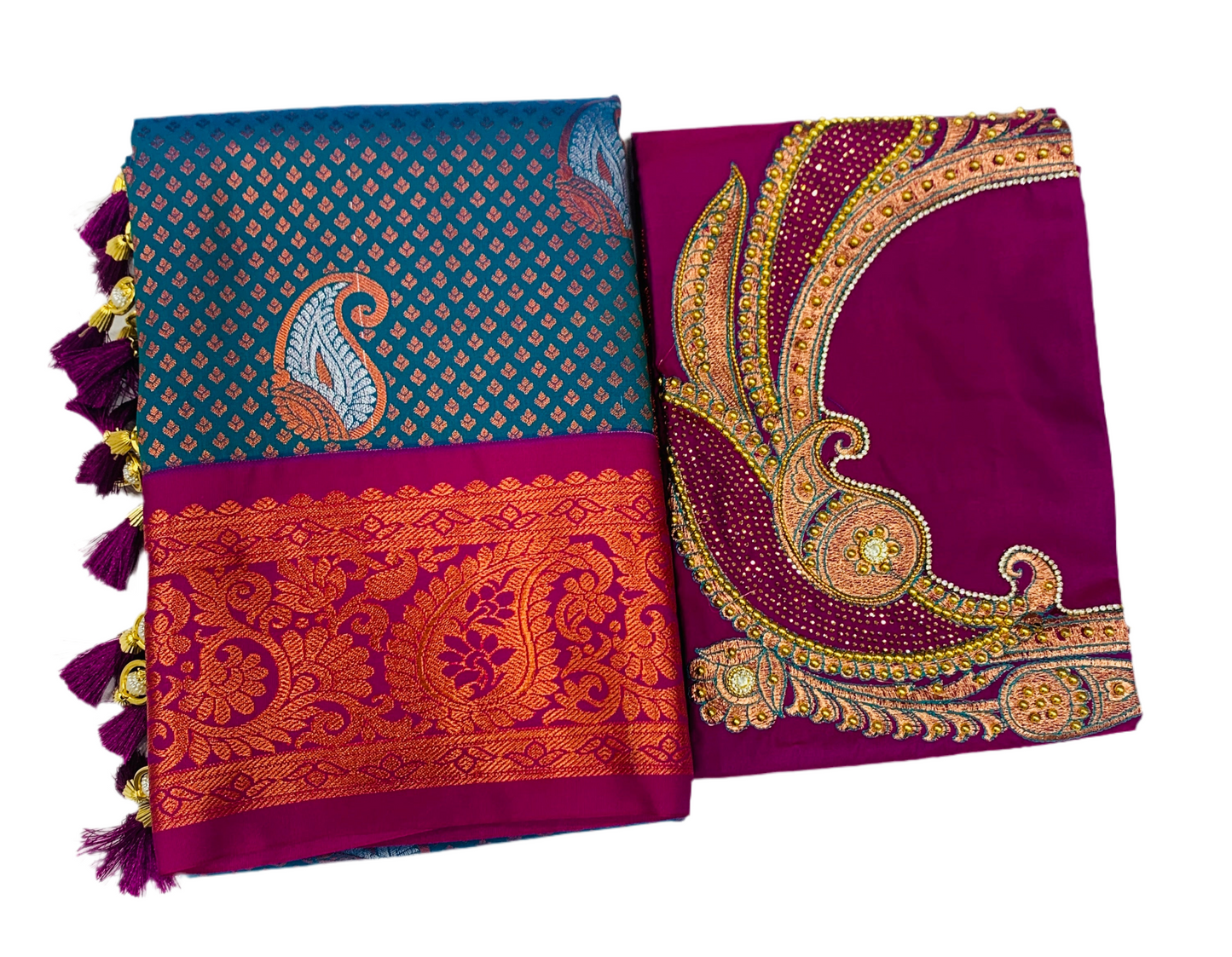 Bridal Vegan Silk Saree Rama Blue shade with Pink Border with Unstitched blouse in Aari work