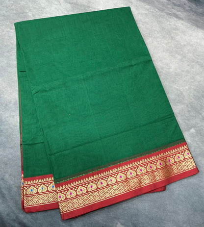 Chettinad Cotton Saree Light Green Colour with Red Colour with Thread Work Border