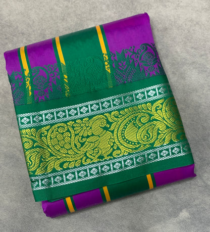 Art Silk Dhothi 9X5 Magenta Colour with Green and Red Colour Ganga Jamuna Border