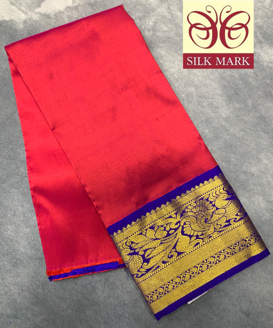 Red shade Pure Kanchipuram Kids Pattu Pavadai with Contrast Border for Newborn to 2 Years