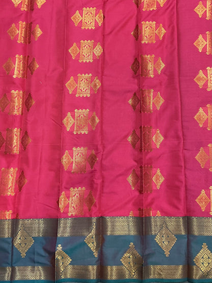 Soft Silk Casual Saree Tomato Pink Colour with Rettai Rama Green Colour Border