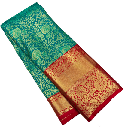 Rama Green Colour Semi Silk Saree with Big Red Border