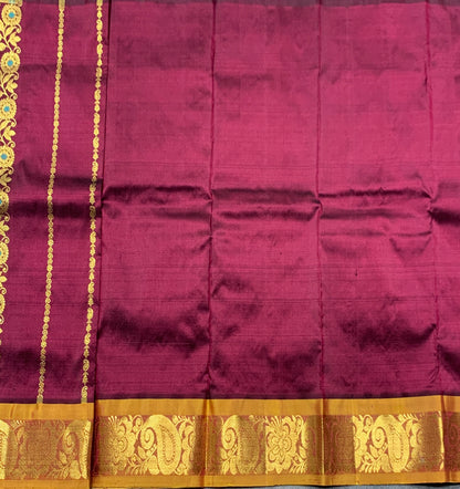 Brown Shade Pure Kanchipuram Kids Pattu Pavadai with Contrast Border for Newborn to 2 Years