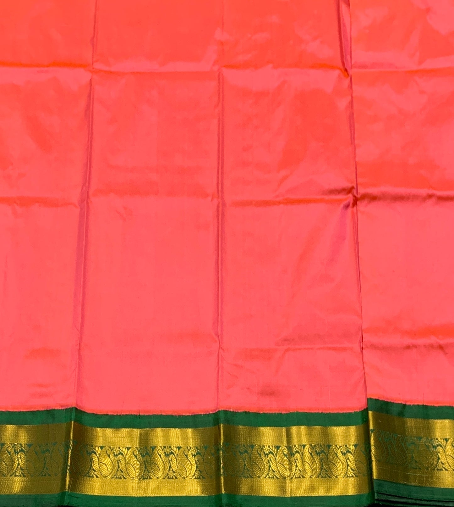 Peachish Pink Shade Pure Kanchipuram Kids Pattu Pavadai with Contrast Border for age 2 to 5