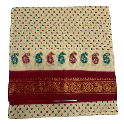 Chettinad Sungudi Cotton Cream Colour with Maroon Border