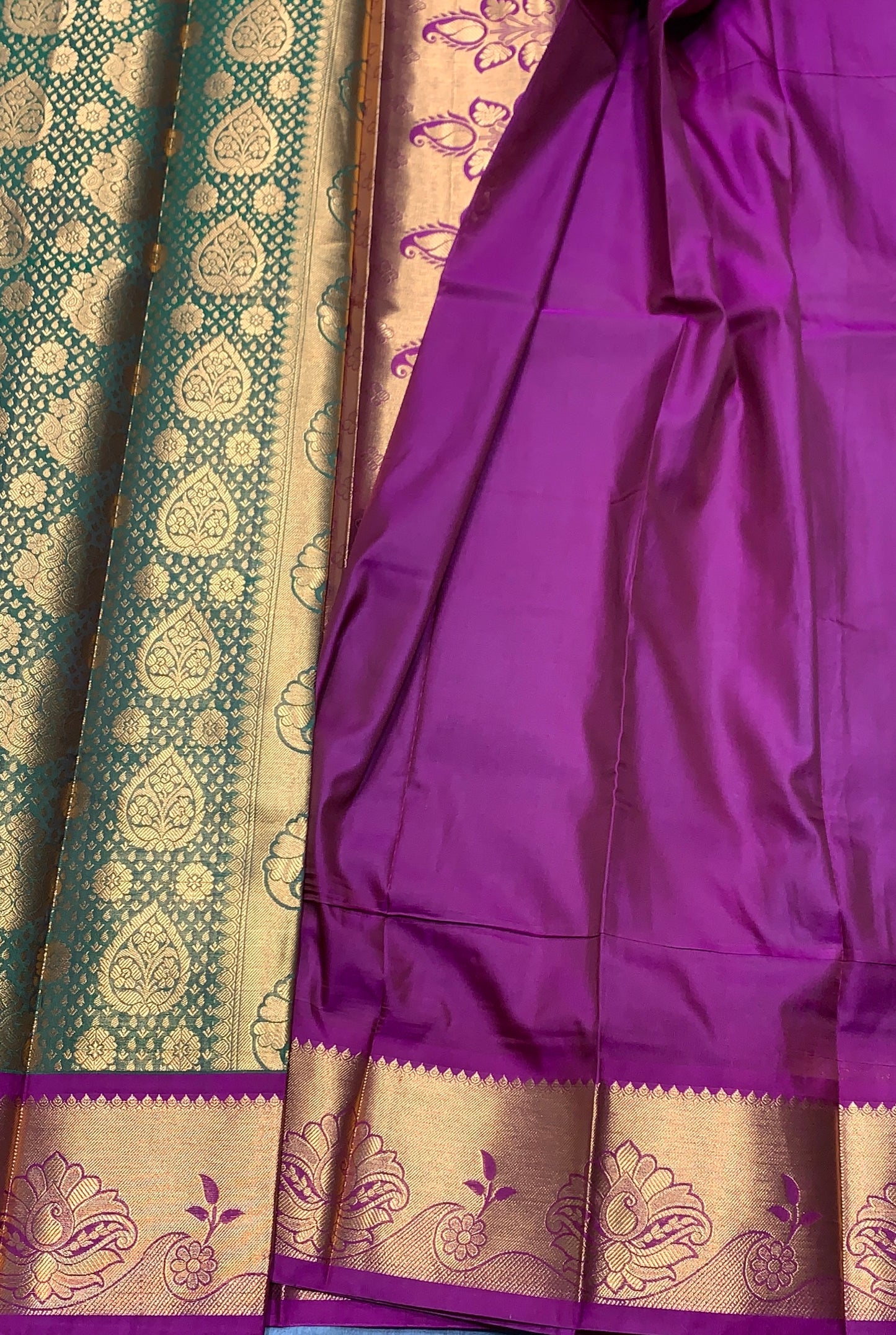 Vegan Silk Saree Olive Green Colour with Pink and Copper Border